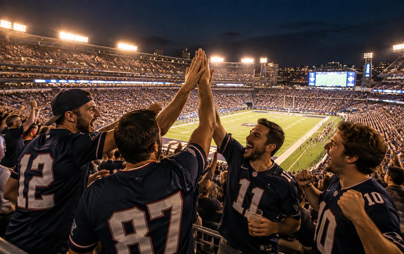 Four friends high-fiving in the stands with the football field and packed stadium clearly visible
